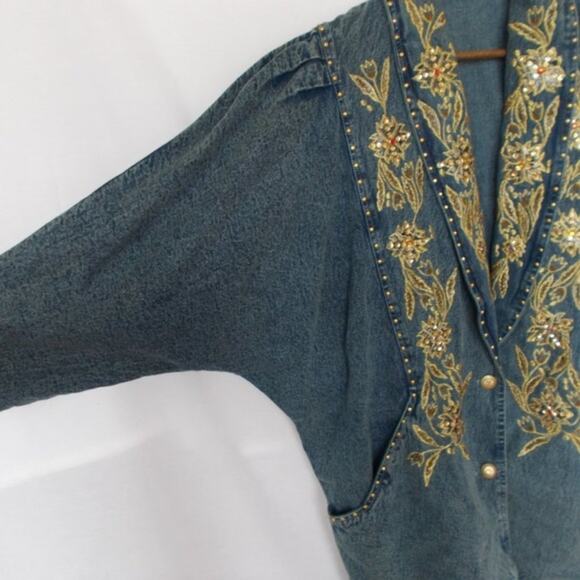 Vintage Denim Bejeweled Bat Wing Floral Embroidered Jean Jacket 80's Sz Large - Picture 6 of 8